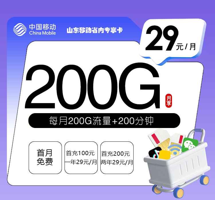 山东移动省内专享卡【29元200G流量+200分钟】