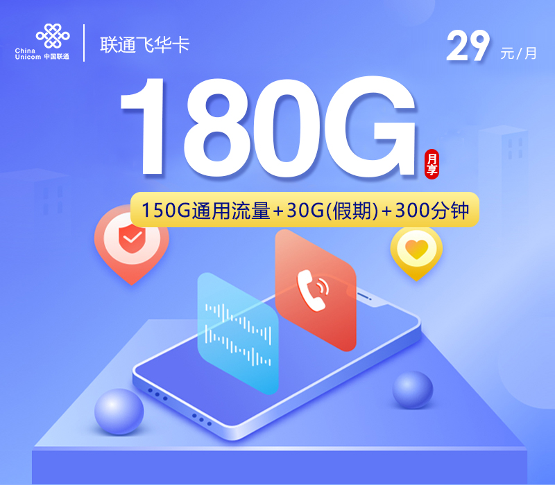 联通飞华卡【29元180G+300分钟】