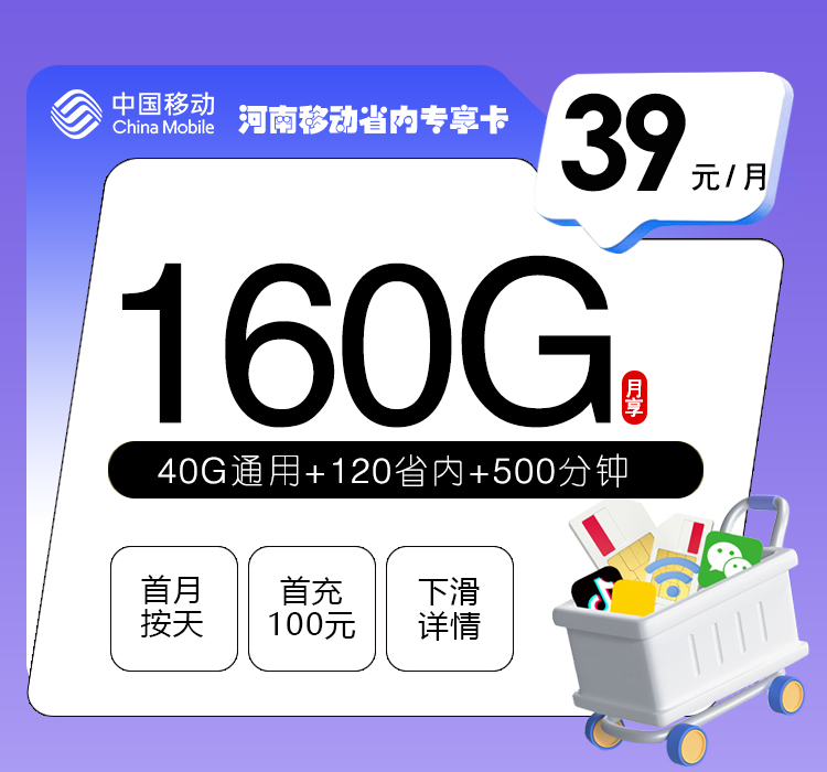 172号卡分销系统-河南移动省内专享卡【39元160G+500分钟】-172号卡推荐码77777777